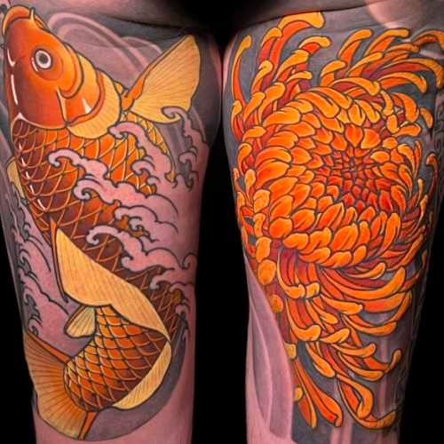 120 tatouage japonais carpe et chrysantheme