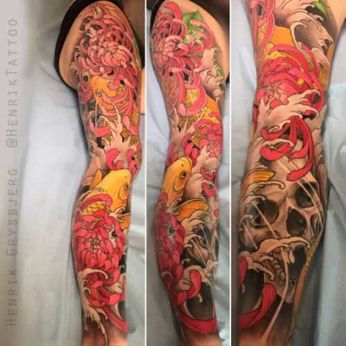 51 tatouage japonais carpe vague couleur